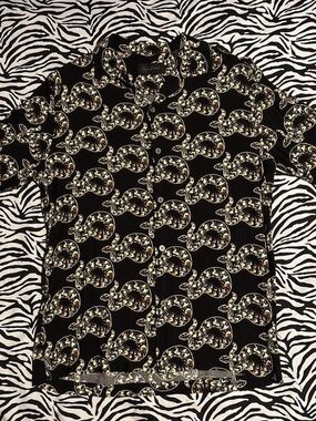 Black Short-Sleeve Button-Up Shirt with Gold Snakes